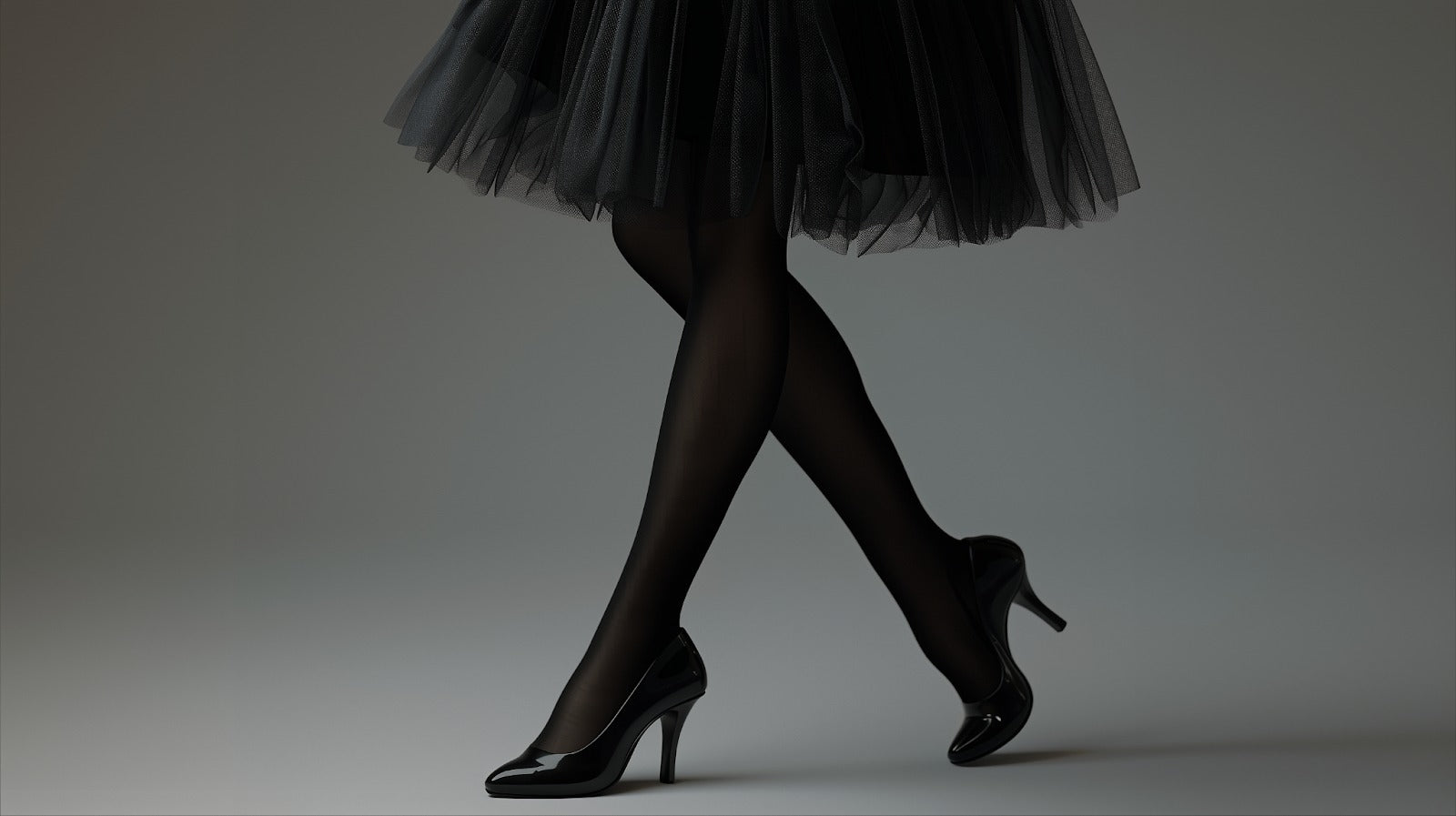 A model standing tall in simple black tights and sleek heels, proving that effortless basics always stay in style – Muselot