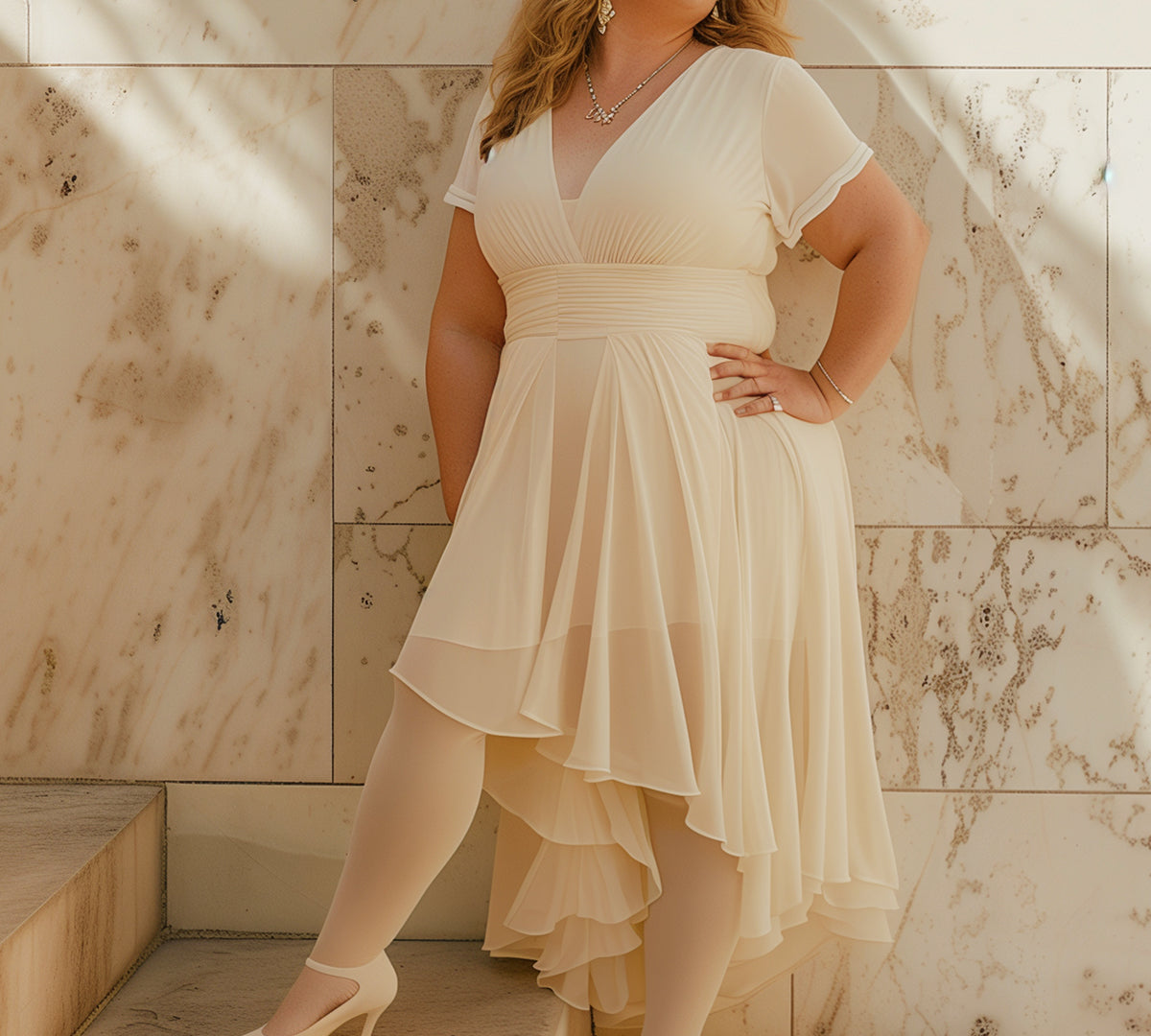 A plus size women wearing a white stockings paired with a white maxi dress, posing confidently highlighting the tear proof and body hugging nature of the stockings-Muselot-Muselot