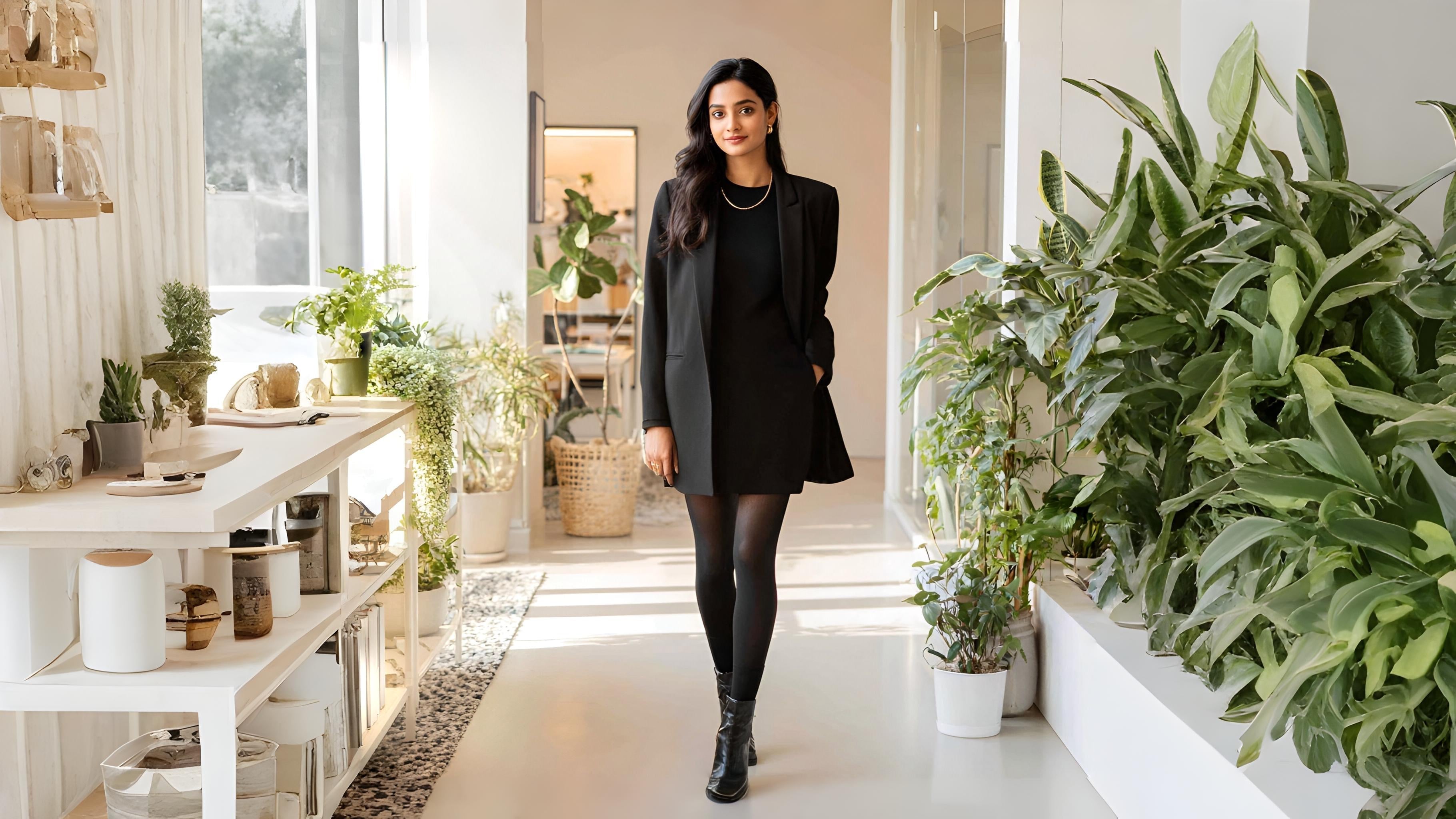 A model walking indoors in sustainable black sheer tights, balancing eco-conscious fashion and sophistication – Muselot