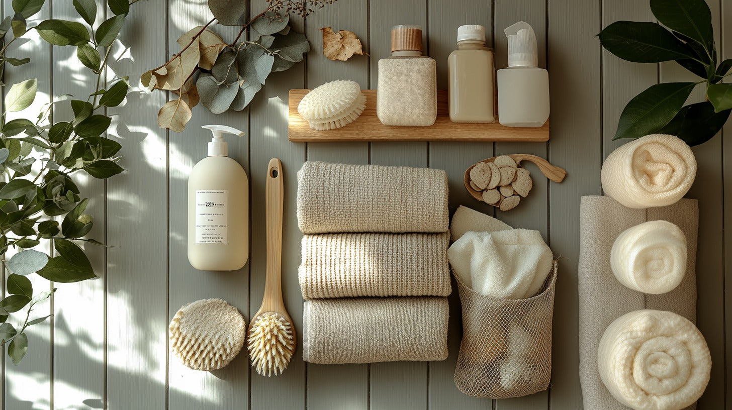 A flatlay of a complete stockings care kit with detergent, brushes, towels, and natural accessories arranged neatly for delicate fabric maintenance – Muselot