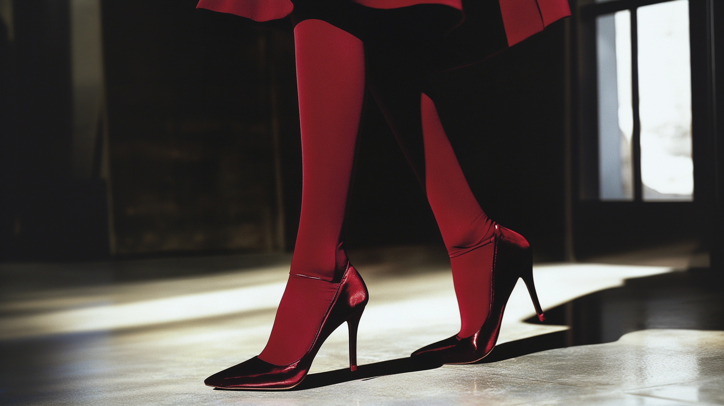 Close-up of a woman wearing a skirt with warm burgundy tights paired with matching glossy high heels, highlighting their rich jewel tone and sophisticated evening-ready style - Muselot