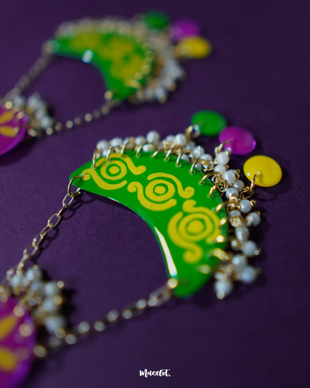 Zoomed-in view of Baharaan green chandbali earrings, focusing on the intricate floral detailing, golden accents, and fine brushwork that highlight the artisanal finish and festive elegance — Muselot.