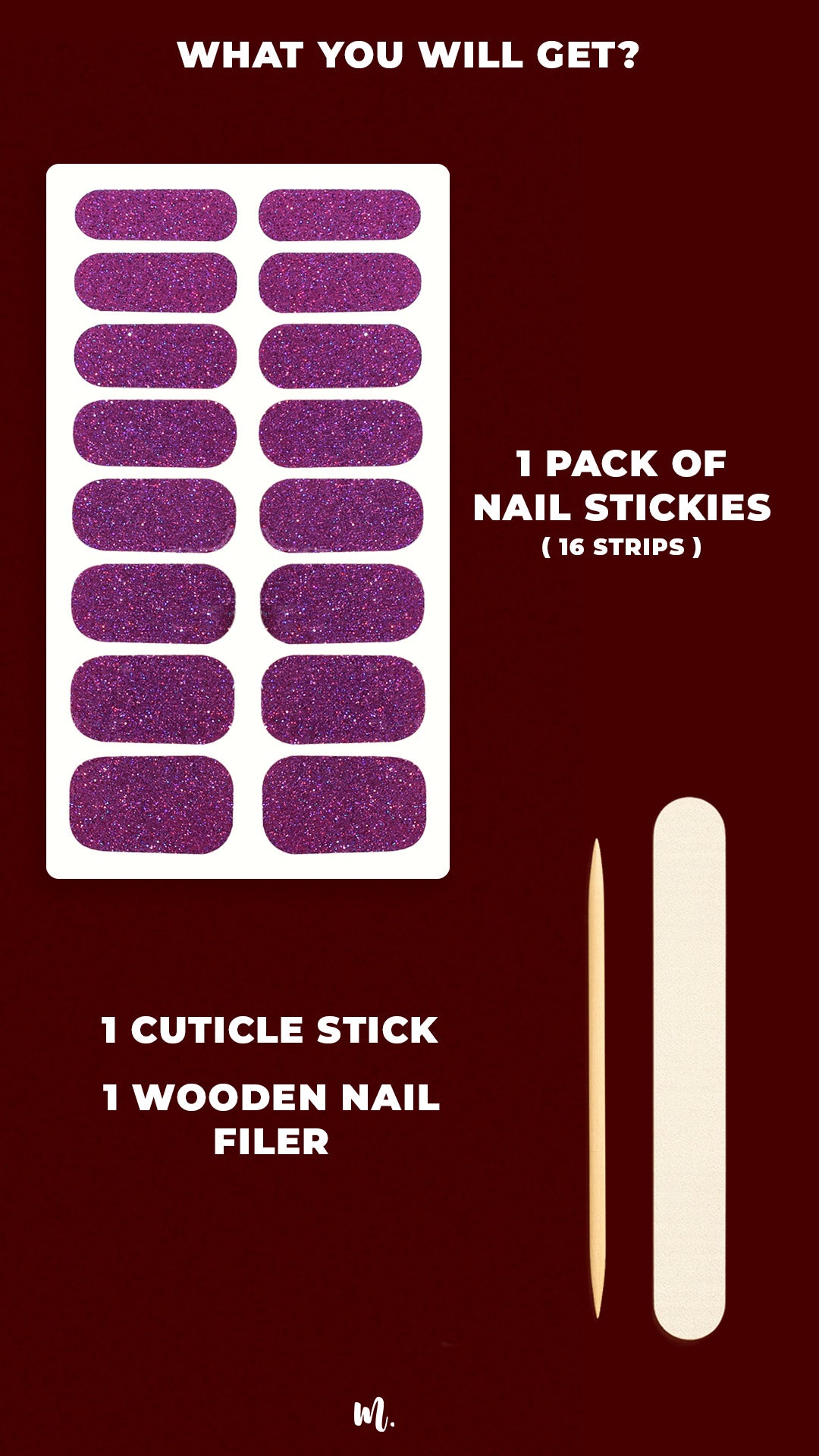 Berry Cosmos nail art kit, showcasing the full set with 16 deep purple glitter nail stickies in assorted sizes, along with a cuticle stick and a mini nail filer, highlighting everything included to achieve a cosmic galaxy-inspired manicure at home – Muselot.