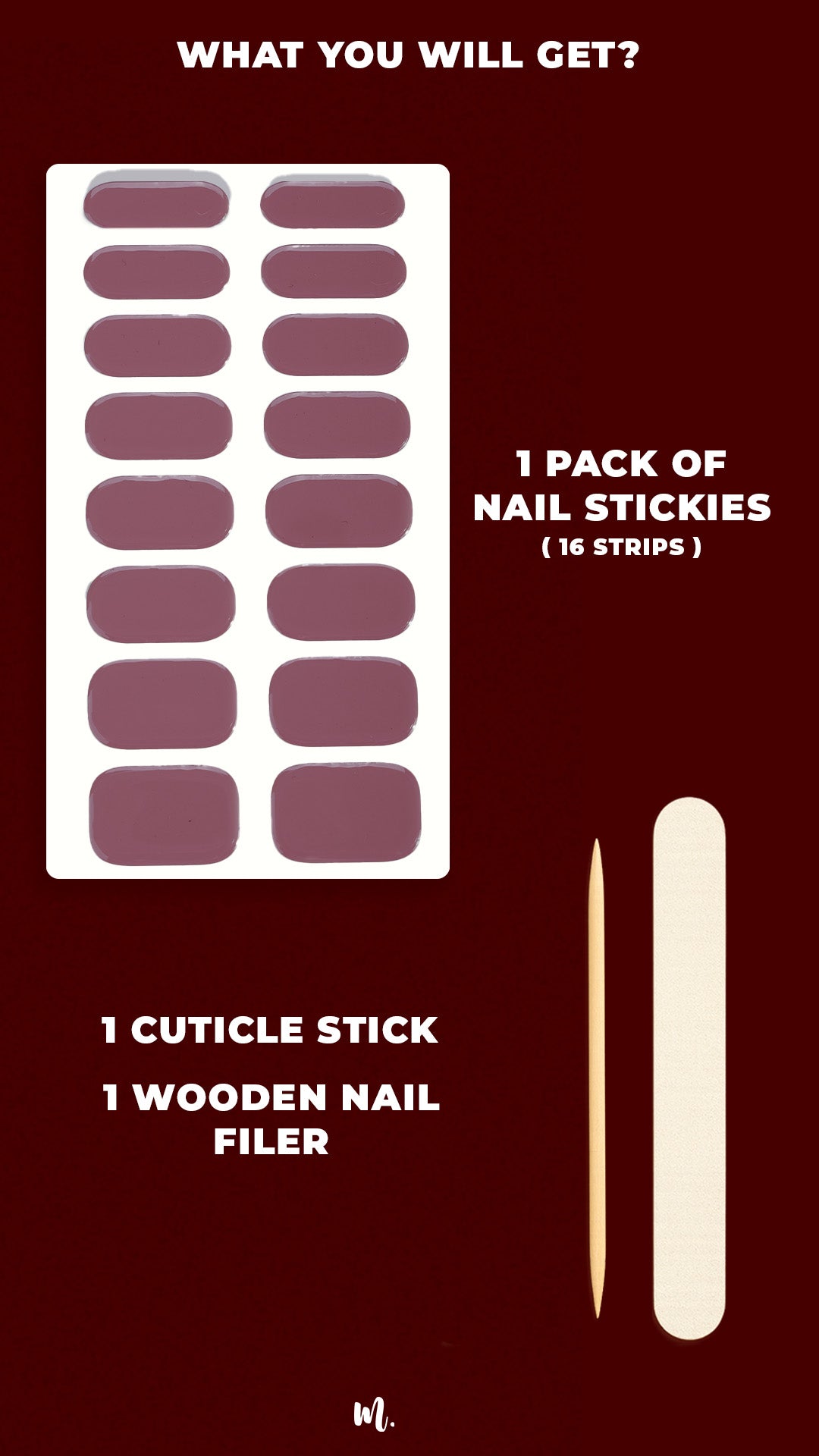 A image of Blushed Mauve art kit, showcasing everything included in the pack – glossy mauve nail stickies in multiple sizes, a cuticle stick and mini nail filer, highlighting the complete set for a perfect at-home manicure – Muselot.
