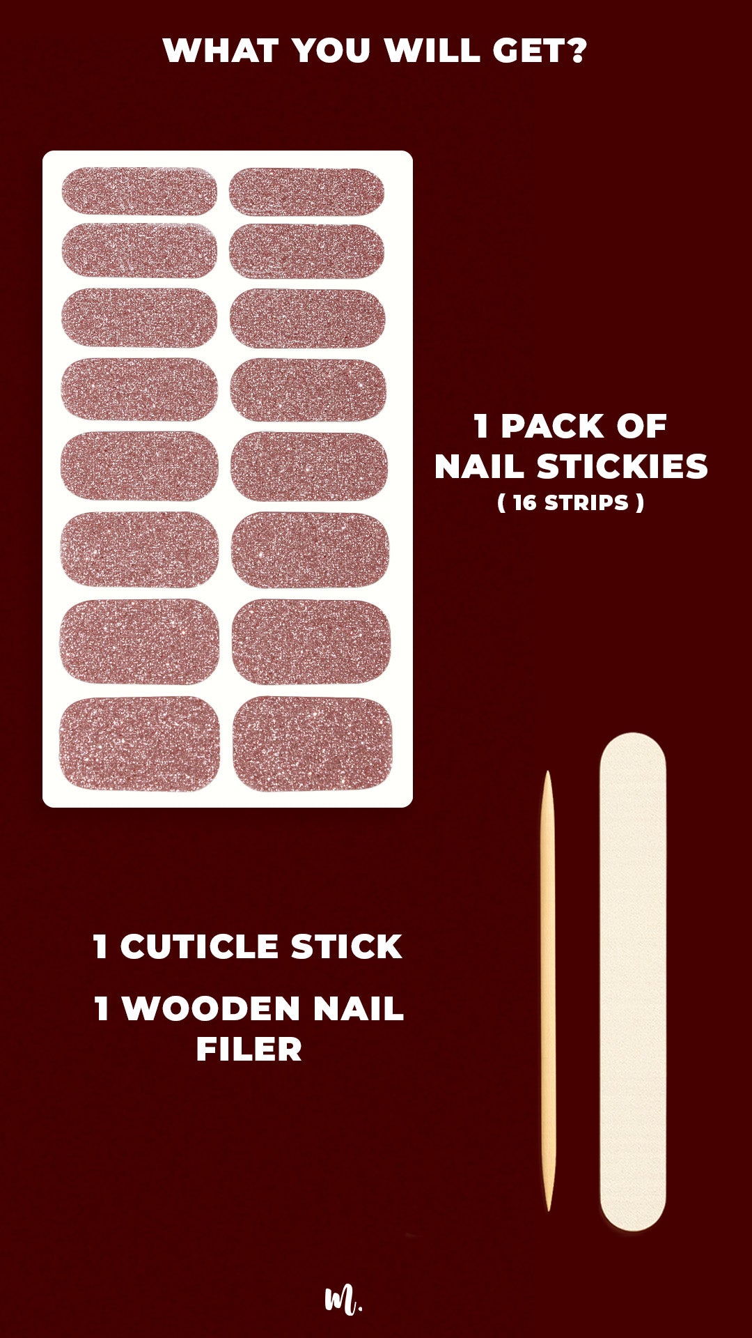 Caramel Glow glitter nail art kit, showcasing the full set with 16 caramel-brown glitter nail stickies in assorted sizes, a cuticle stick, and a wooden nail filer, highlighting everything included to achieve a sparkling and salon-style manicure at home – Muselot.