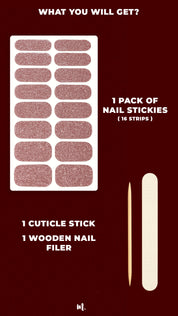 Caramel Glow glitter nail art kit, showcasing the full set with 16 caramel-brown glitter nail stickies in assorted sizes, a cuticle stick, and a wooden nail filer, highlighting everything included to achieve a sparkling and salon-style manicure at home – Muselot.