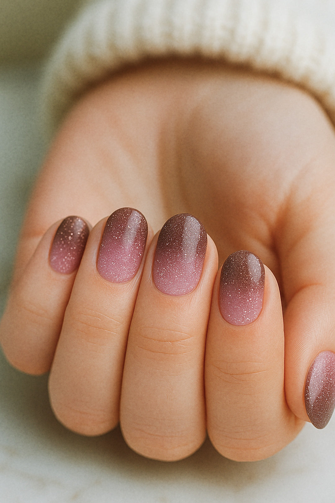 A model hand styled with Choco Plum Ombre nail art stickies, showcasing the flawless transition from soft plum at the base to deep chocolate brown at the tip, highlighted with glitter for a radiant ombre finish that looks elegant, chic, and salon-ready – Muselot.