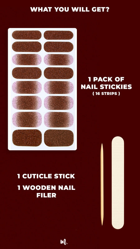 Choco Plum Ombre nail polish kit featuring premium glitter nail stickies in a smooth gradient of soft plum blending into rich chocolate brown, highlighted with a sparkling finish – everything you need for a salon-style ombre manicure at home – Muselot.