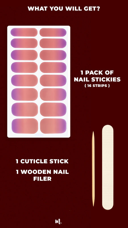 A product flat lay of the Coral Kiss Ombre Nail Stickies kit, showcasing a full pack of 16 nail strips in a coral-to-lilac gradient, highlighting the smooth ombre design. The kit also includes a wooden cuticle stick and a nail filer, ensuring easy application and a salon-quality finish at home – Muselot.