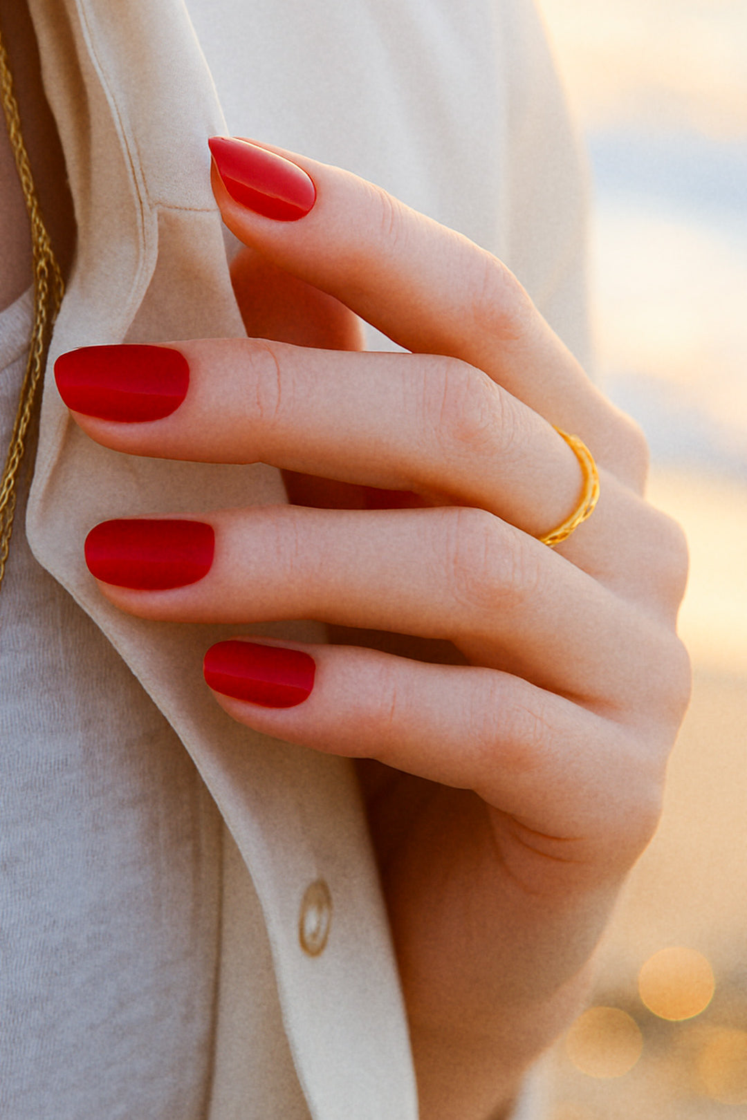 A model hand wearing Crimson Kiss Red Solid Nail Polish Stickies, featuring a striking crimson red hue with a flawless glossy finish, giving a bold and sophisticated look that stands out with timeless elegance – Muselot.