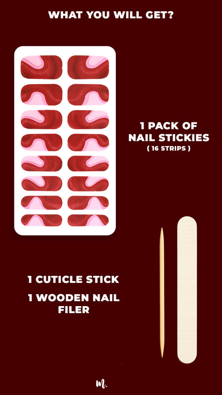 A flat-lay display of the Dried Rose Nail Art Stickies kit, showcasing the complete pack that includes multiple wavy red and rose-toned nail stickers with glitter accents, a mini nail file, and a cuticle stick. The kit highlights everything you need for an easy, salon-style manicure at home – Muselot.