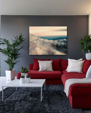 A modern abstract canvas art on a dark background features a serene and atmospheric horizon scene shrouded in mist. The dark backdrop enhances the artwork’s subtle hues and soft gradients, creating a dramatic contrast that highlights the misty, tranquil quality of the horizon. The piece adds depth and elegance to any space-Muselot