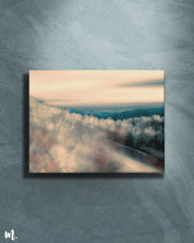 modern canvas art on a light background showcases a soft, atmospheric horizon enveloped in mist. The light backdrop enhances the artwork’s subtle gradients and delicate hues, creating a serene and ethereal focal point that adds a touch of calm and elegance to the space.-Muselot
