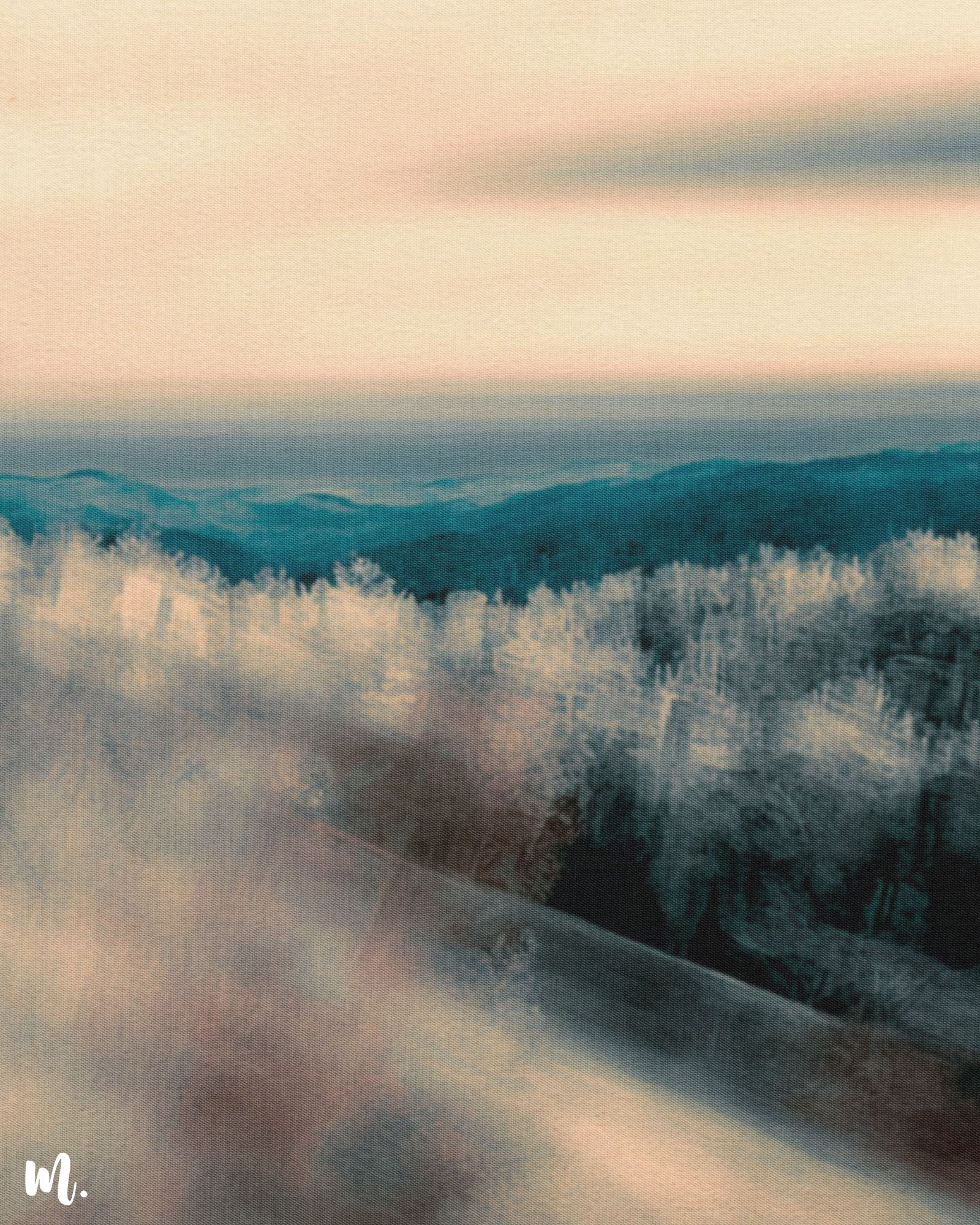 A close-up of forest and mountain modern canvas art reveals the delicate textures and subtle transitions of mist and horizon. The intricate details of the soft gradients and gentle hues are highlighted, emphasizing the serene and ethereal quality of the artwork. The close view enhances the artwork's depth and atmospheric charm.-Muselot