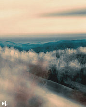 A close-up of forest and mountain modern canvas art reveals the delicate textures and subtle transitions of mist and horizon. The intricate details of the soft gradients and gentle hues are highlighted, emphasizing the serene and ethereal quality of the artwork. The close view enhances the artwork's depth and atmospheric charm.-Muselot