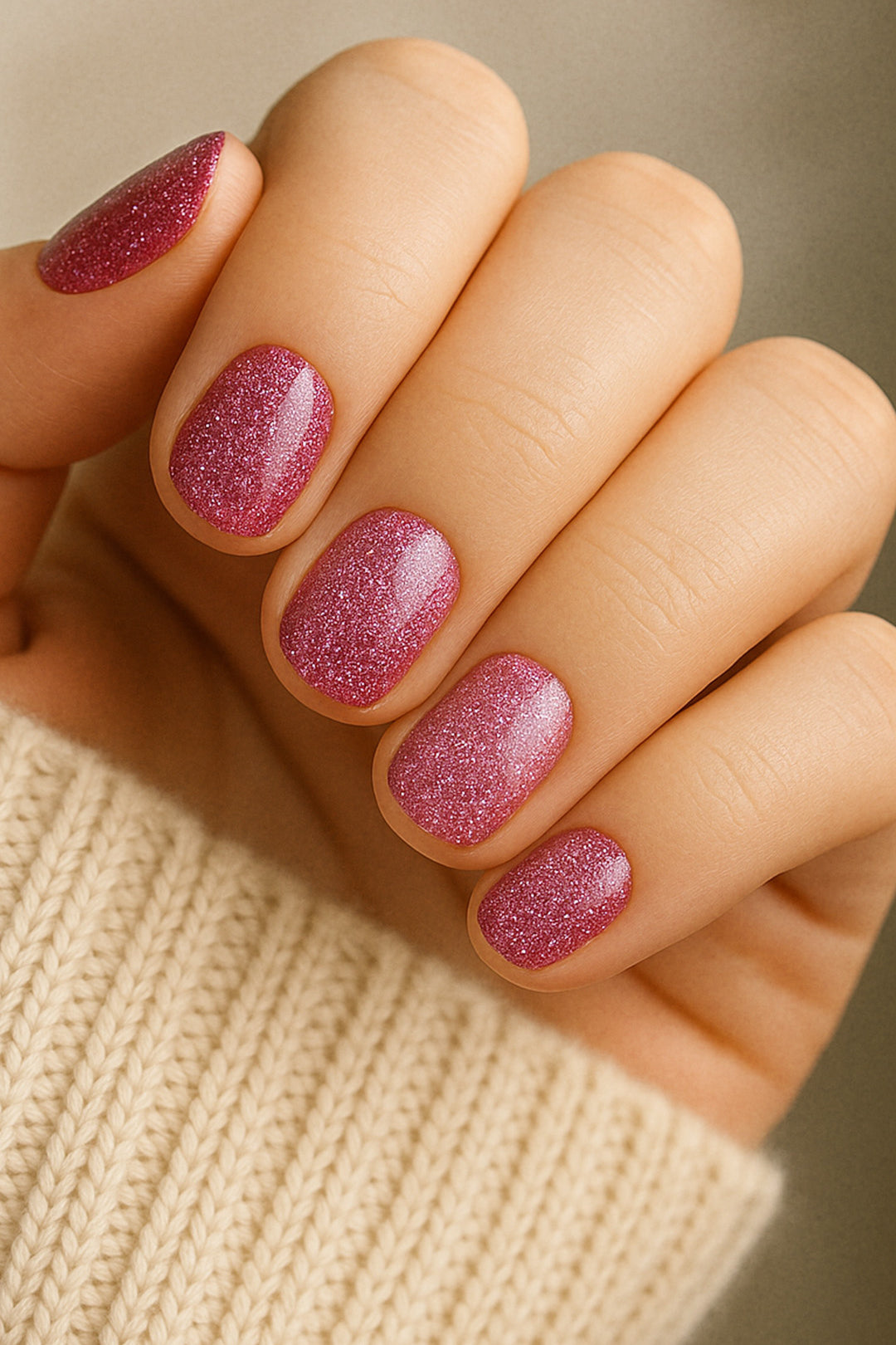 A model’s hand featuring Glitter Crush nail stickies in a pink-plum tone, finished with a sparkling glitter polish effect that adds a radiant, eye-catching glow while keeping the nails looking polished and salon-fresh – Muselot.