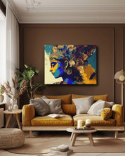 The modern Lord Krishna wall art canvas, displayed on a dark background in a living room with dark furniture, creates a striking contrast. The deep tones of the background and furniture enhance the artwork’s vivid colors and contemporary design. The combination adds a dramatic and sophisticated touch, making Krishna the focal point of the space-Muselot