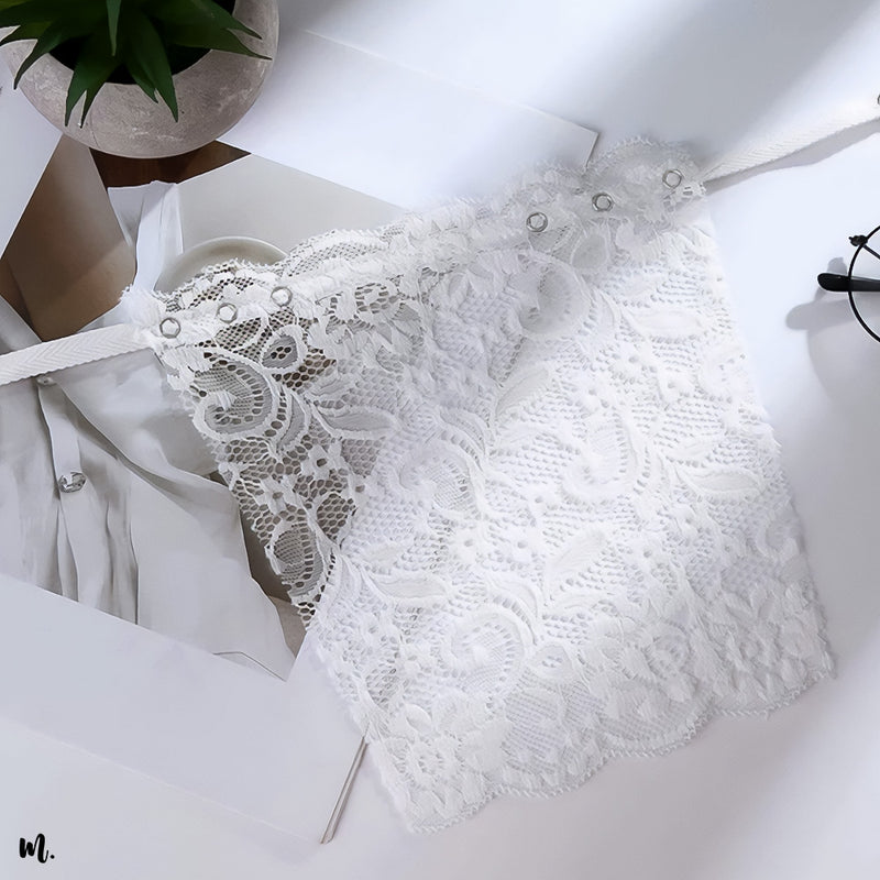 Close-up flatlay of Lacy White Mockers by Muselot — delicate lace neckline insert for deep neck outfits-Muselot