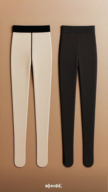Minimalist flatlay of two pairs of no-fur sheer effect tights displayed side by side on a warm-toned surface. The left pair is a nude beige color with a contrasting black waistband and vertical seam detail, while the right pair is solid black with a matching waistband. Both tights are neatly arranged to show full leg length and shape, emphasizing their smooth finish, even opacity, and quality craftsmanship. The Muselot logo appears at the bottom of the image, aligning with the clean, modern aesthetic.