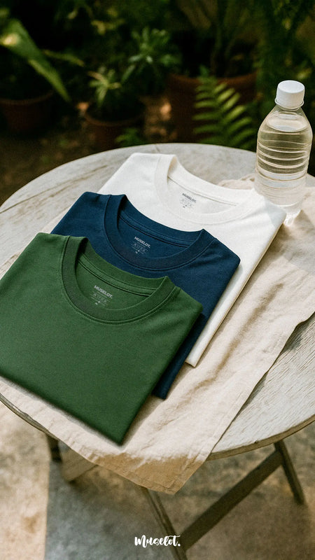 A calming combo of breathable cotton unisex yoga T-shirts in olive green, navy blue, and classic white, neatly laid out on a soft neutral background. The lightweight fabric and relaxed fit highlight comfort and ease,making these tee ideal for yoga sessions and casual wear — Muselot