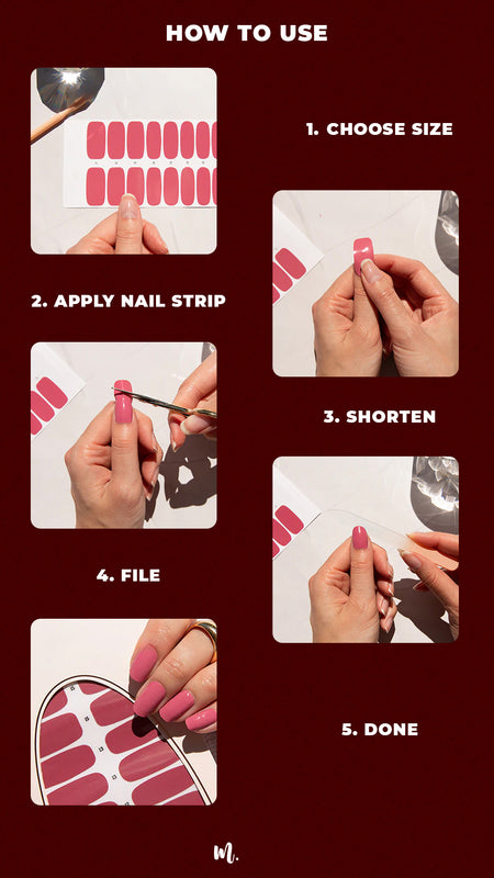 A image showcases the step-by-step guide showing how to apply nail art stickies, showcasing the process of peeling the sticker, placing it on the nail, pressing firmly for a smooth finish, and highlighting the easy, mess-free way to get salon-style nails at home – Muselot.