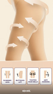 Nude Muselot stockings shown on a woman's lower body with arrows highlighting support areas. Icons below emphasize benefits slimming legs, buttocks lift, belly tightening, and anti-hooking protection.