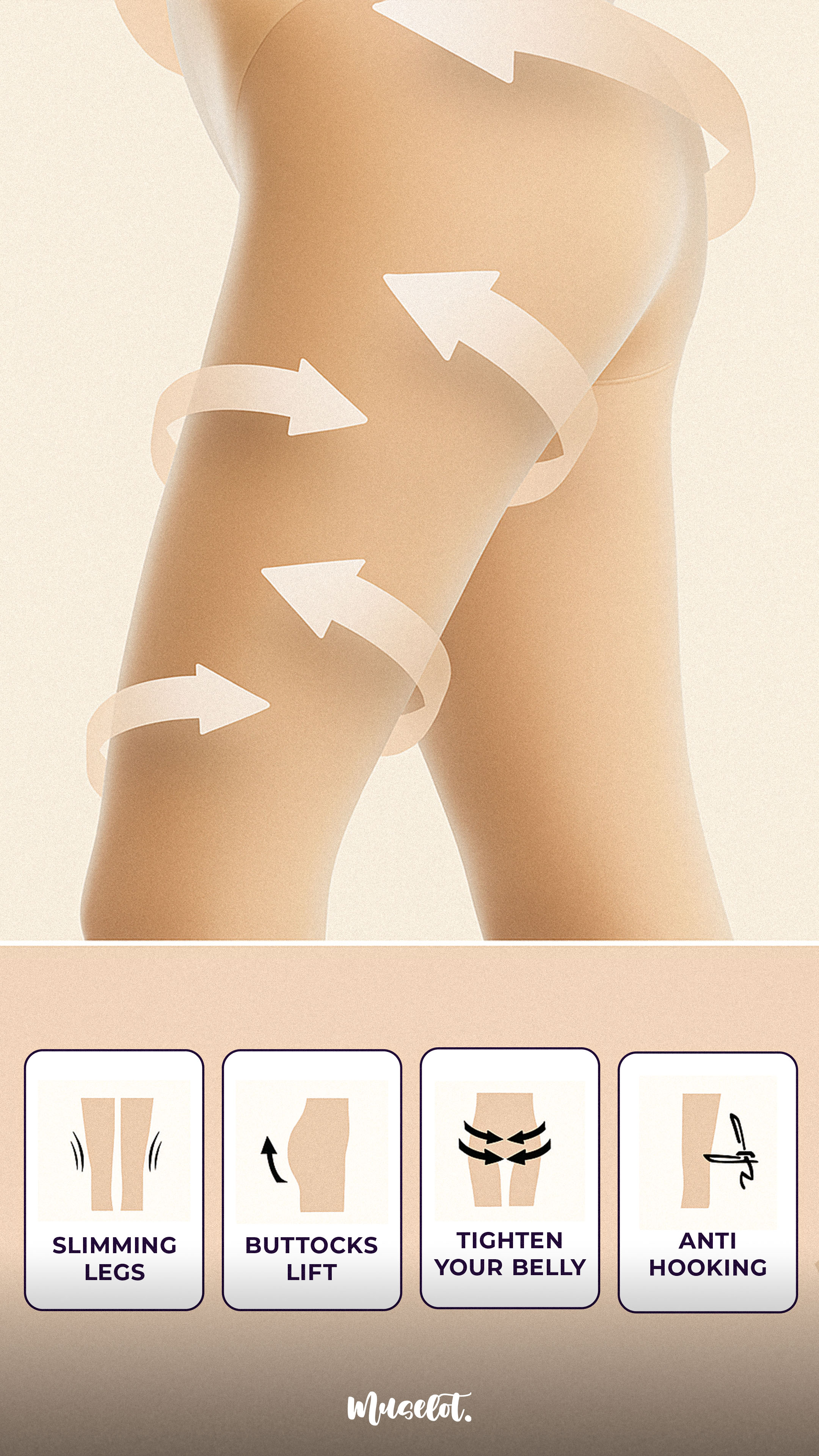 Nude Muselot stockings shown on a woman's lower body with arrows highlighting support areas. Icons below emphasize benefits slimming legs, buttocks lift, belly tightening, and anti-hooking protection.