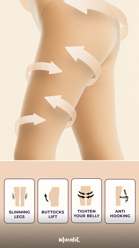Nude Muselot stockings shown on a woman's lower body with arrows highlighting support areas. Icons below emphasize benefits slimming legs, buttocks lift, belly tightening, and anti-hooking protection.