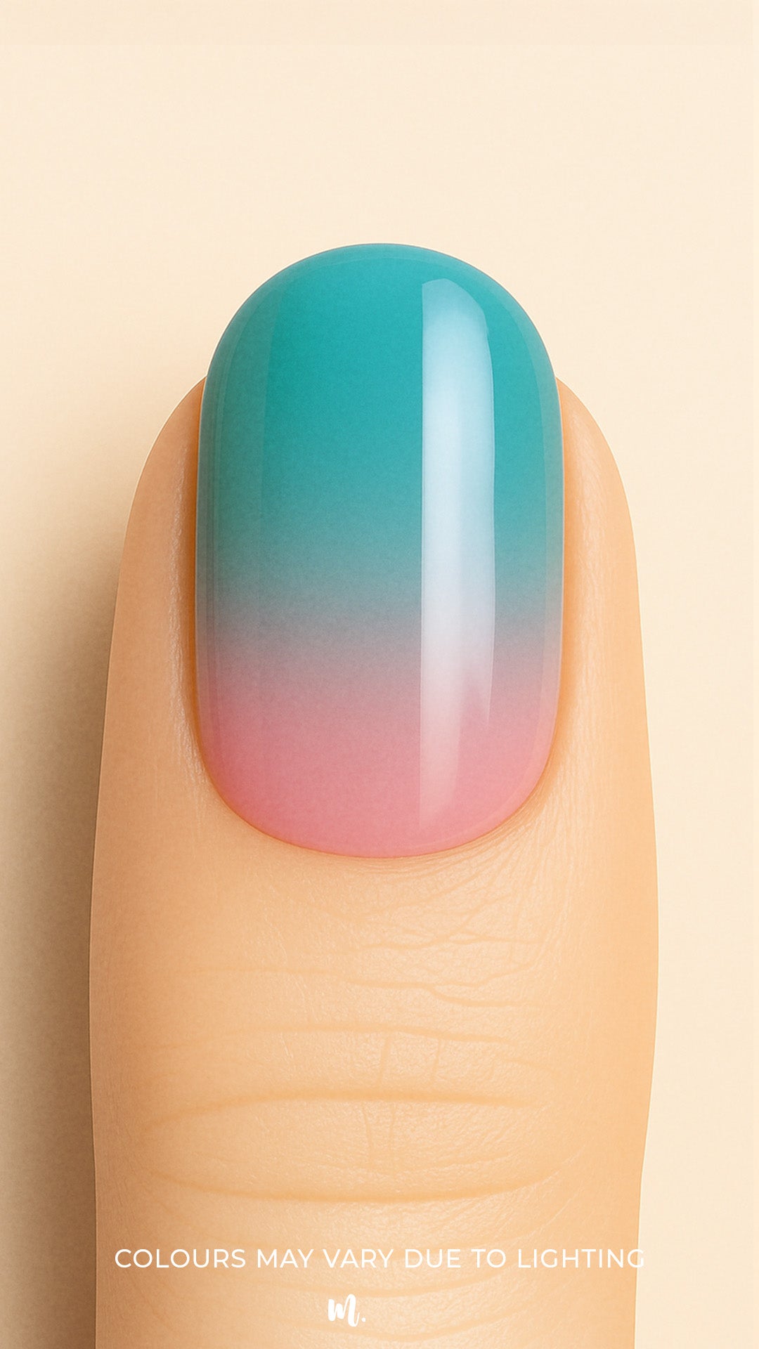 A close-up of a model’s finger wearing Ocean Sunset Ombre Nail Stickies, blending soft pink at the base into a serene teal blue at the tip, capturing a smooth glossy gradient that mirrors a tropical sunset sky – Muselot.