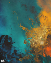 A close up shot of modern abstract canvas art, showcasing the vibrant colors and textures and enhancing the dynamic and energetic feel of the painting-Muselot
