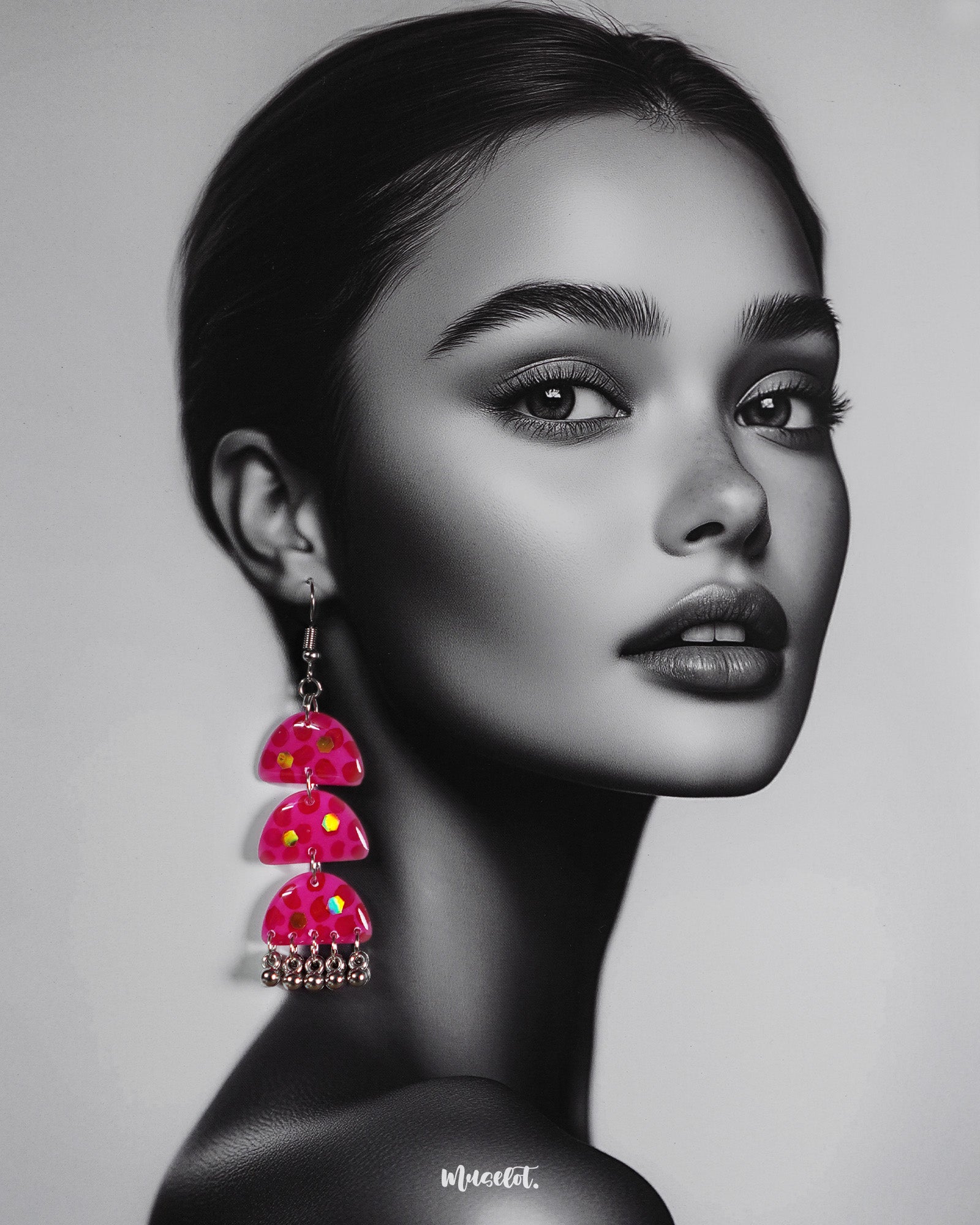 A woman wearing Parvaaz handmade pink drop earrings, styled with effortless charm to highlight their delicate craftsmanship and showcasing how these playful pieces add a soft, elegant touch to everyday or festive looks — Muselot.