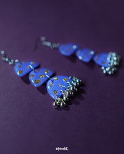 A close-up view of Parvaaz purple drop earrings, featuring a rich purple base adorned with delicate golden dots, highlighting their elegant charm and artisanal detailing — Muselot.