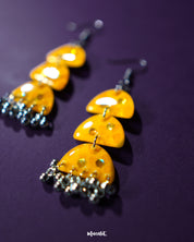 Close-up of Parvaaz yellow drop earrings featuring intricate hand-painted floral motifs in yellow, showcasing their vibrant elegance and highlighting the craftsmanship in each detail — Muselot.