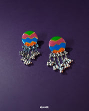 Rangtarang colorful long chain earrings featuring a striking vertical layout of vivid hand-painted motifs, flowing into silver-toned chains that add length and movement, perfect for making a bold statement with a dash of artistic flair – Muselot.
