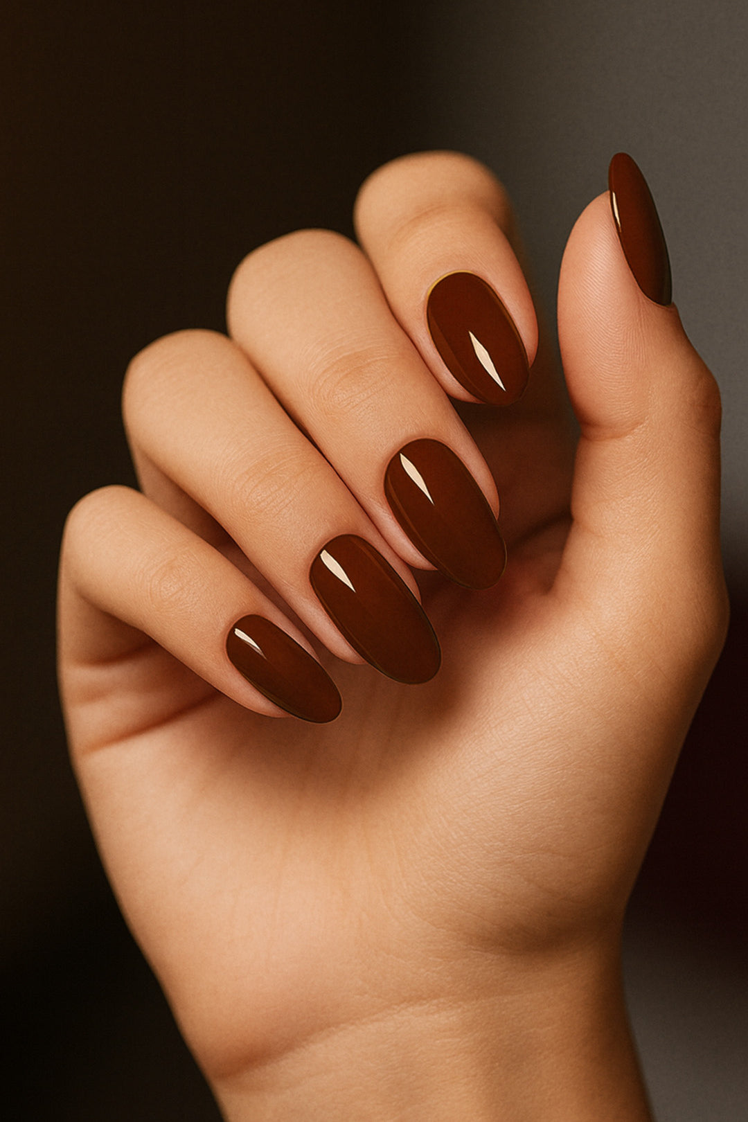 A shot of a model’s hand wearing Rich Cocoa nail stickies, showcasing the deep chocolate-brown shade with a sleek glossy finish, highlighting the bold yet elegant charm of minimal nail art in a refined salon-style look – Muselot.