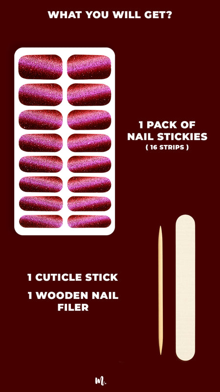 A complete kit of Romantic Ruby Cat Eye Nail Art Stickers, showcasing a collection of deep maroon cat-eye designs with a magnetic ruby-red glow, giving a luxurious gemstone effect. The kit includes multiple sizes for a perfect fit, offering salon-quality cat-eye manicures at home – Muselot.