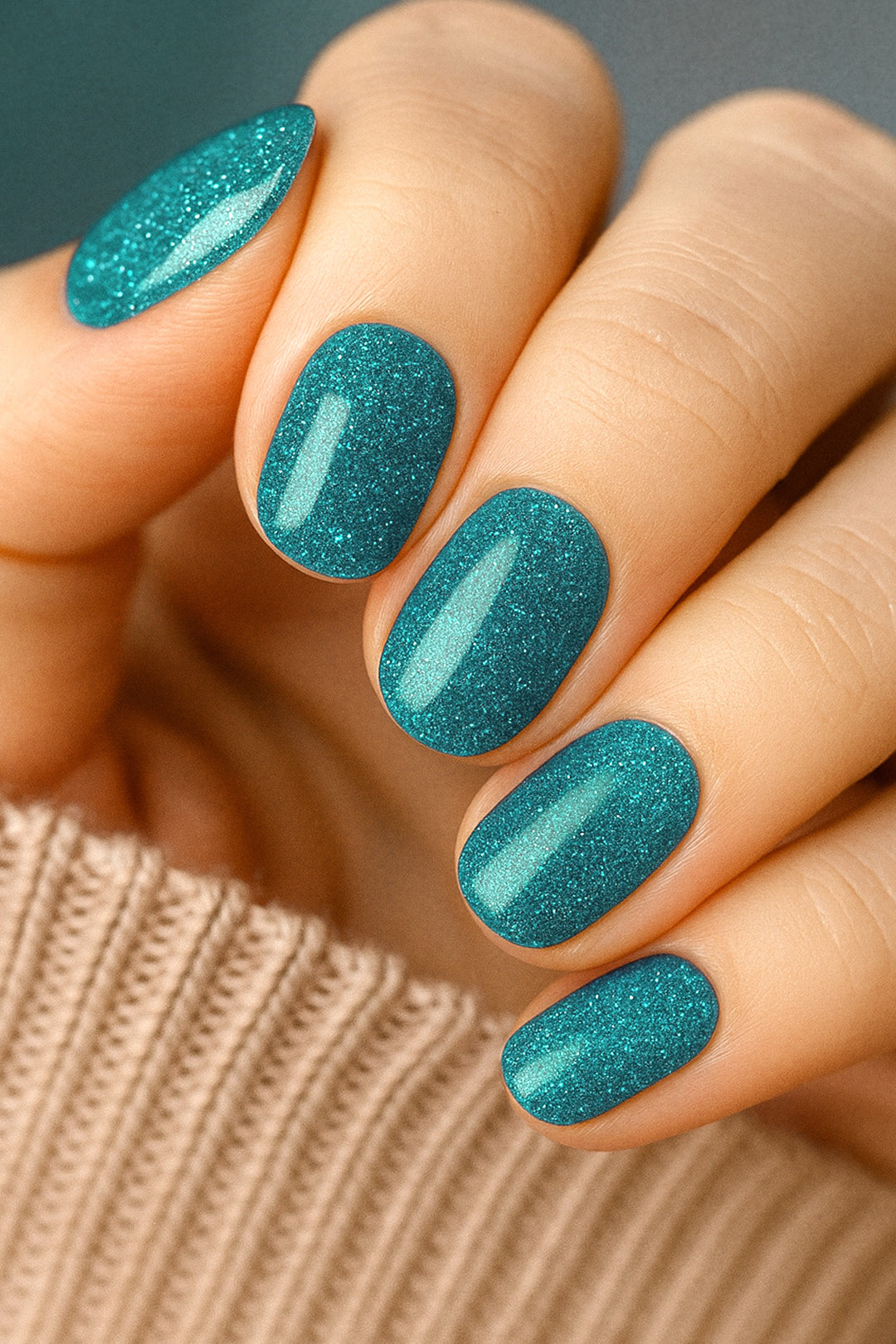 A model hand wearing Sea Spark Glitter nail stickies, showcasing the vibrant turquoise-blue shade with fine glitter shimmer, highlighting the bold sparkle and festive elegance of glitter nail art in a smooth, salon-style finish – Muselot.