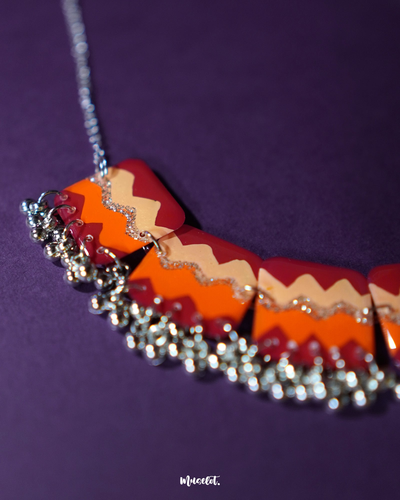 A detailed view of the Sehrish handmade traditional necklace set showcasing its ornate design with intricate patterns and fine artistry — Muselot.