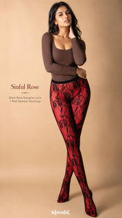 The model wears the complete Sinful Rose combination with black rose designer lace over red opaque stockings, showcasing the statement floral layering effect and full-length fit – Muselot.