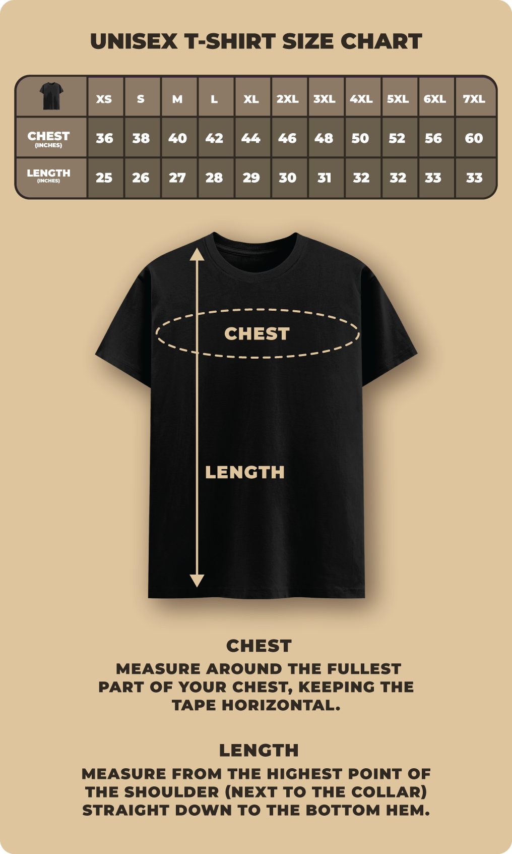 Unisex t-shirt size chart showcasing detailed chest and length measurements from XS to 7XL, highlighting clear measurement guidance with a visual diagram on a minimal beige background – Muselot