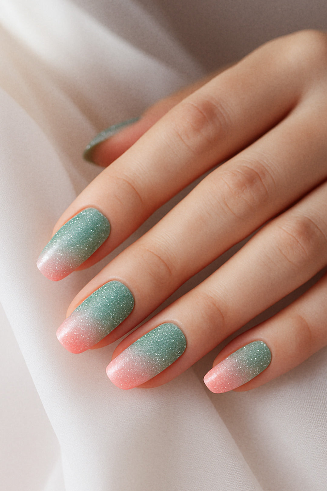 A model’s hand wearing Snow Petal Multicolor Glitter Ombre Nail Stickies, showcasing the elegant gradient blend of soft blush pink fading into a frosty mint green with sparkling silver glitter, highlighting the smooth ombre finish and shimmering texture that adds a chic, wintery charm to the nail art – Muselot.