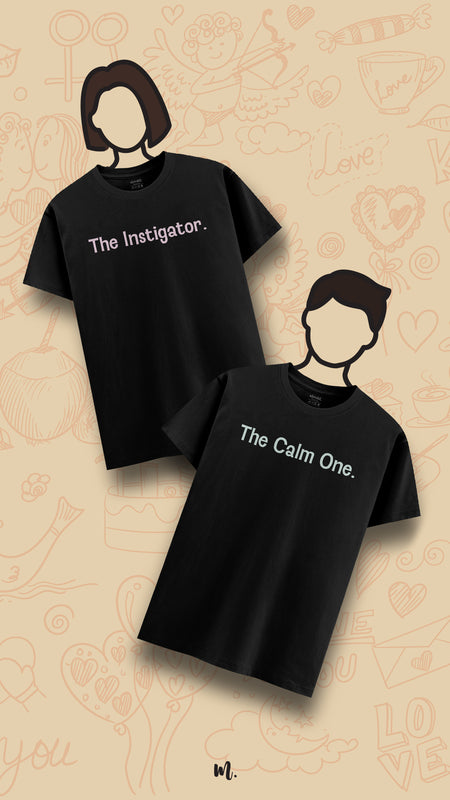 Black couple graphic t-shirts showcasing “The Instigator.” and “The Calm One.” highlighting a playful contrast between chaos and composure, styled on illustrated characters against a doodle-themed romantic beige background – Muselot