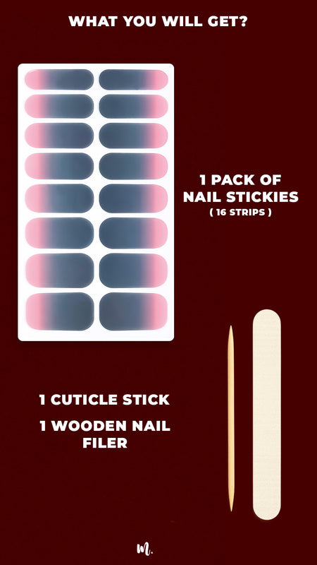 A flat-lay shot of the Twilight Rose Ombre nail art kit, showcasing a pack of 16 gradient nail stickies blending soft pink into deep teal, accompanied by a wooden cuticle stick and a nail filer, highlighting the complete essentials included for an easy at-home manicure – Muselot.