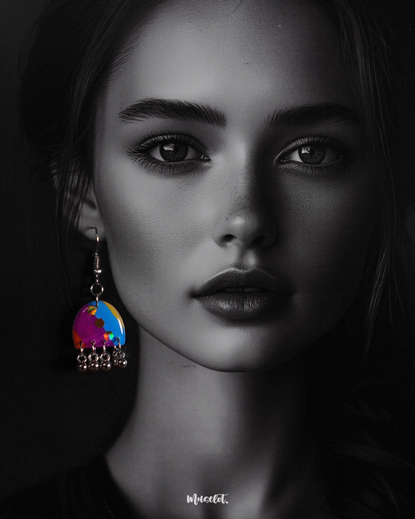 a model wearing Ufaq hook multicolor earrings, where bold hues and intricate patterns create a striking contrast, highlighting the earrings' playful yet elegant design — Muselot.