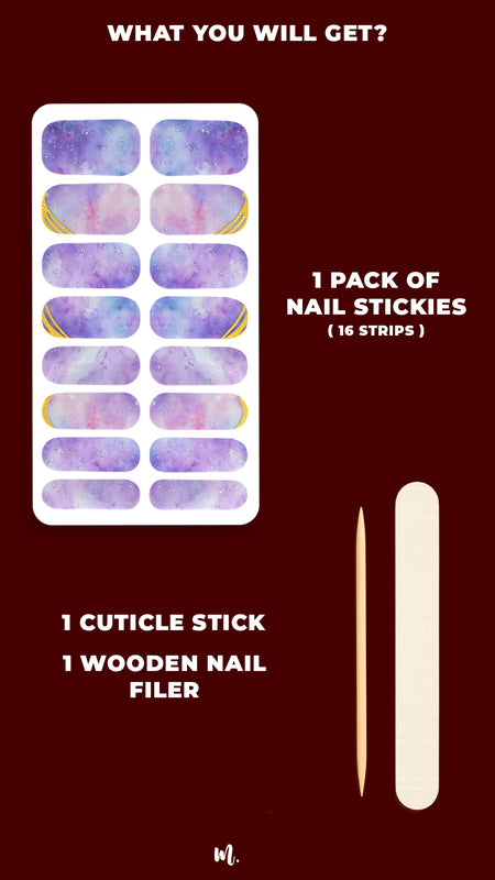 A neatly arranged Wavy Dream Lavender Marble Nail Art Stickies kit featuring multiple nail stickers in a soft lavender marble pattern with cloudy textures and elegant golden wave accents, designed in varying sizes to fit all nails and deliver a dreamy, artistic manicure look – Muselot.