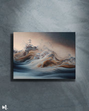 an abstract painting on canvas with soft, flowing waves and textures. It features a muted color palette of browns, blues, and greys, showcasing the waves of ocean. The smooth transitions between colors and the intricate details give the artwork a calming, ethereal feel. The painting is mounted on a textured wall, adding to its modern and minimalist aesthetic-Muselot