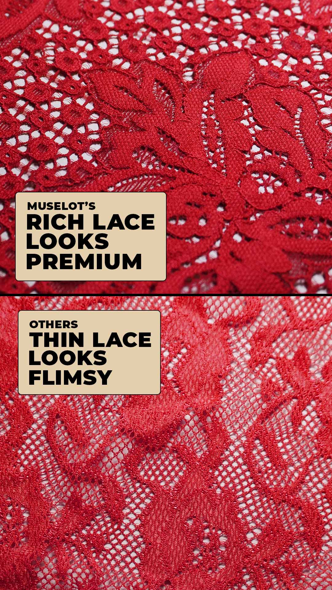 close up comparison of lace fabric showing muselot rich floral lace vs thin lace material, highlighting premium texture and better coverage for lace camisole insert used for deep neck dresses – muselot