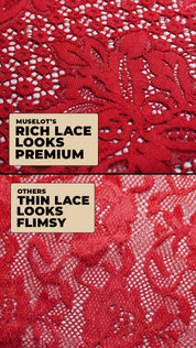 close up comparison of lace fabric showing muselot rich floral lace vs thin lace material, highlighting premium texture and better coverage for lace camisole insert used for deep neck dresses – muselot