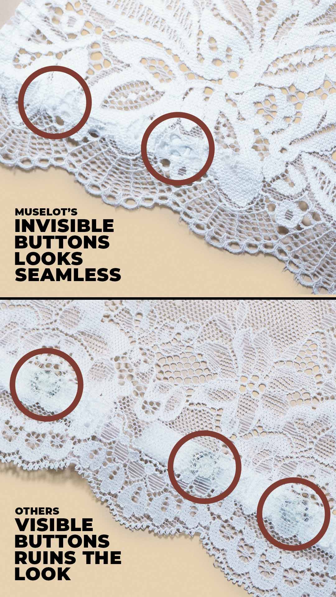 close up comparison of lace camisole insert buttons showing muselot invisible buttons vs visible buttons on other lace inserts, highlighting seamless finish for deep neck coverage – muselot