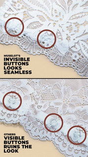 close up comparison of lace camisole insert buttons showing muselot invisible buttons vs visible buttons on other lace inserts, highlighting seamless finish for deep neck coverage – muselot